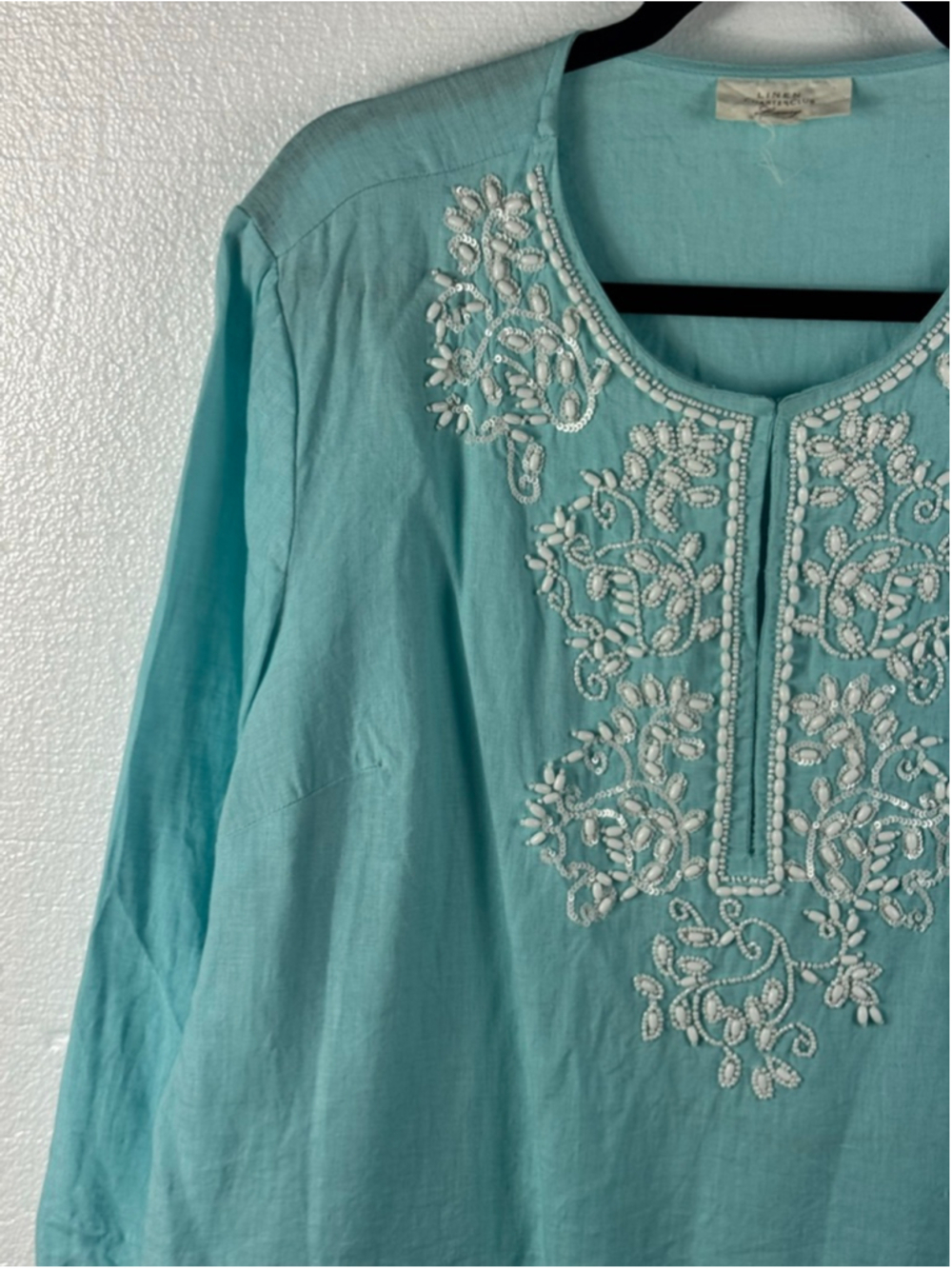 Charter Club aqua blue linen embroidered tunic top - Picture 5 of 9